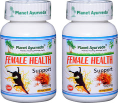 Planet Ayurveda Female Health Support bottle label, highlighting a pure herbal blend for vitality.