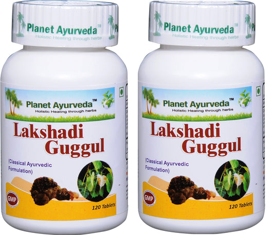 Planet Ayurveda Lakshadi Guggul bottle packshot showing dual bottles for joint support
