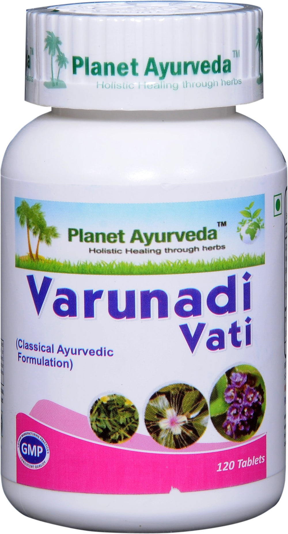Planet Ayurveda Varunadi Vati bottle label highlighting herbal formulation.