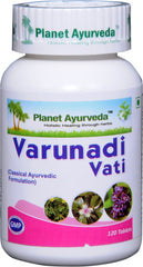 Planet Ayurveda Varunadi Vati bottle label highlighting herbal formulation.