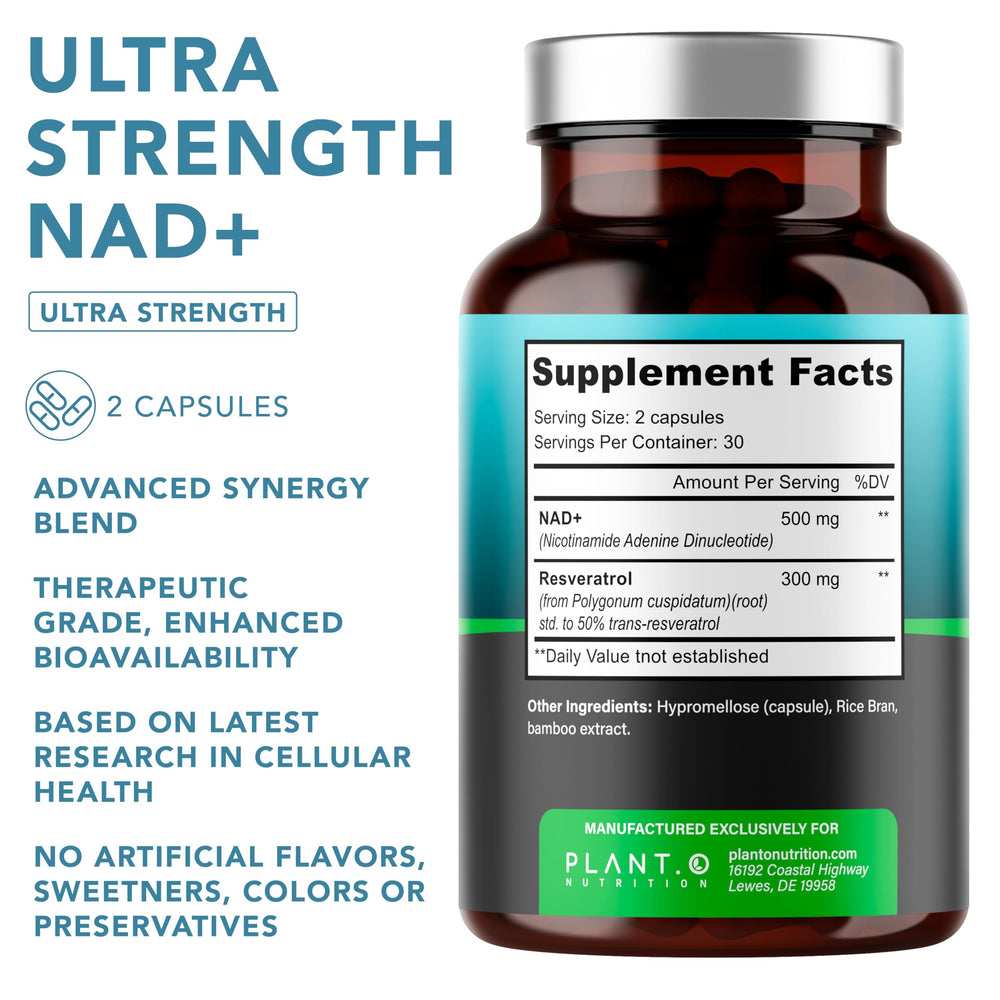 PLANT.O NUTRITION NAD+ resveratrol capsules ready for daily use.