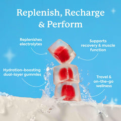 WonderHydrate lychee gummies close-up highlighting zero sugar and clean ingredients.