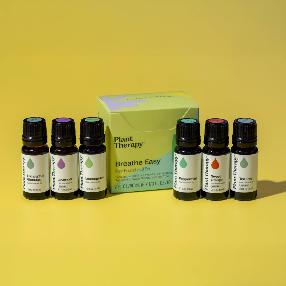 Plant Therapy Breathe Easy packaging box highlighting six included oils.