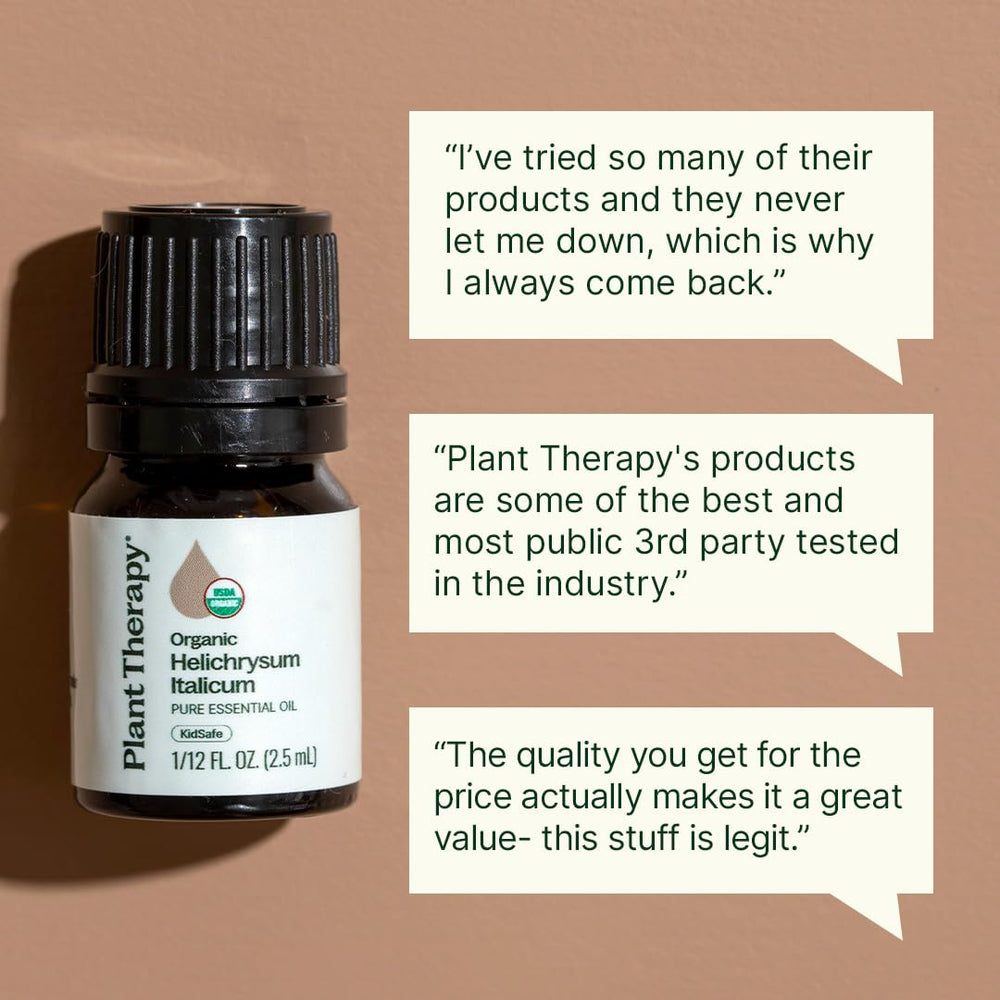 Plant Therapy Helichrysum Italicum bottle in a skincare routine setup
