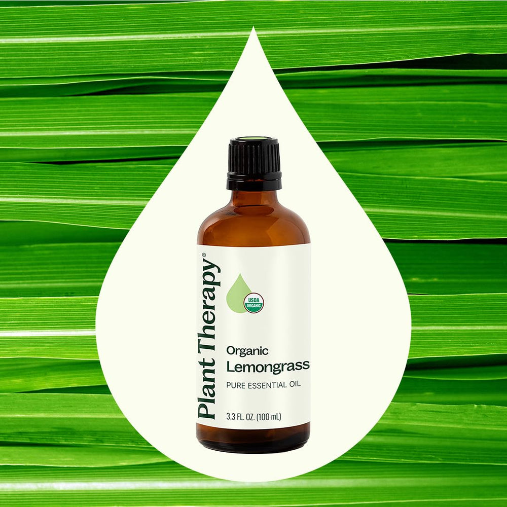 Plant Therapy Lemongrass amber bottle showing purity and storage protection.