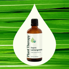 Plant Therapy Lemongrass amber bottle showing purity and storage protection.