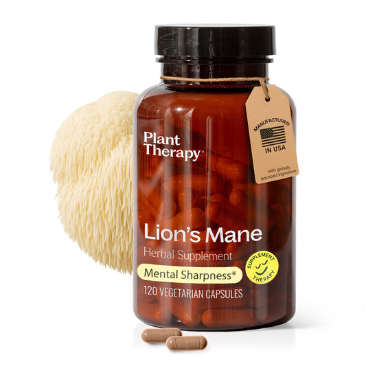 Plant Therapy Lion's Mane bottle offers convenient cognitive support in capsule form