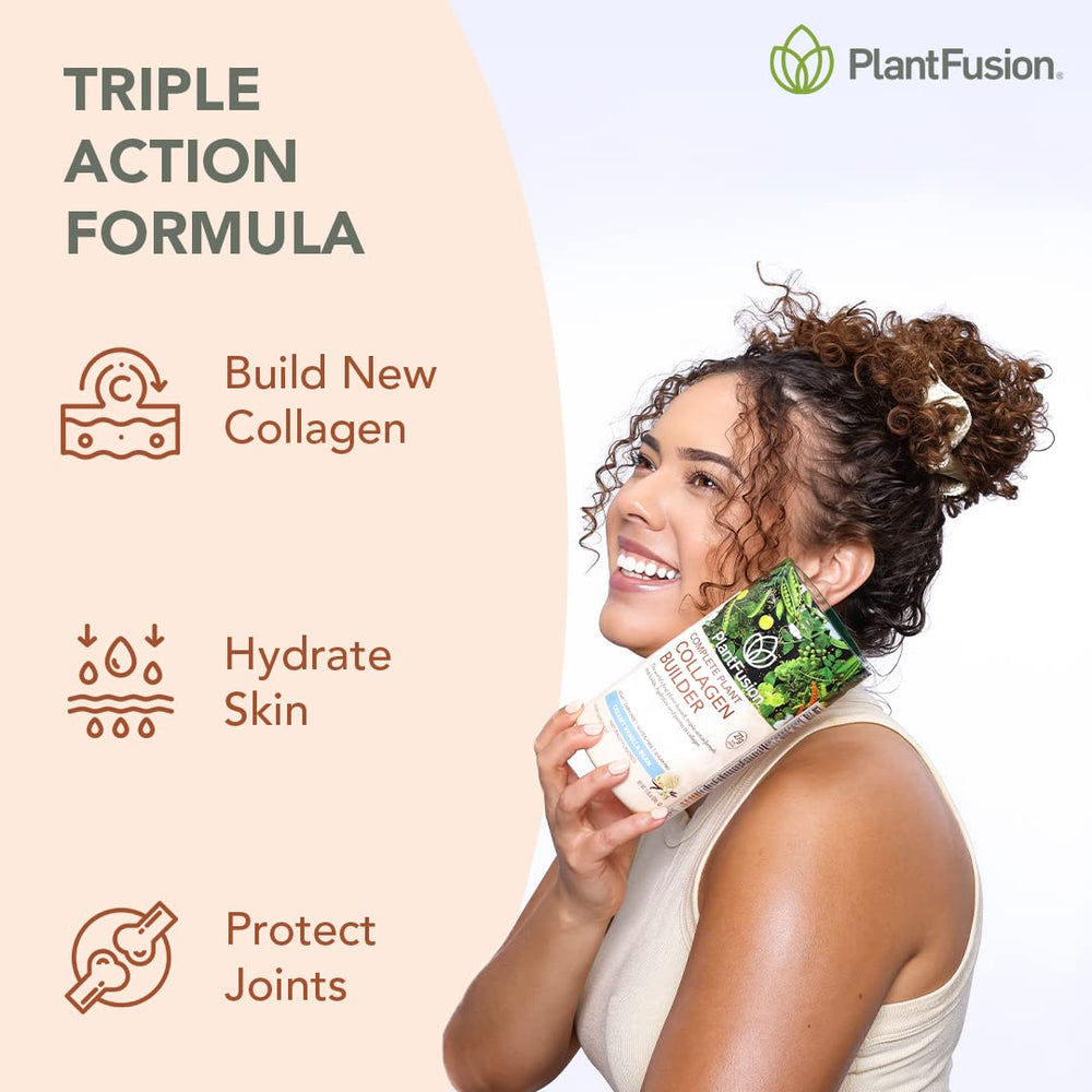 Scoop of PlantFusion powder beside a cup for quick shakes.