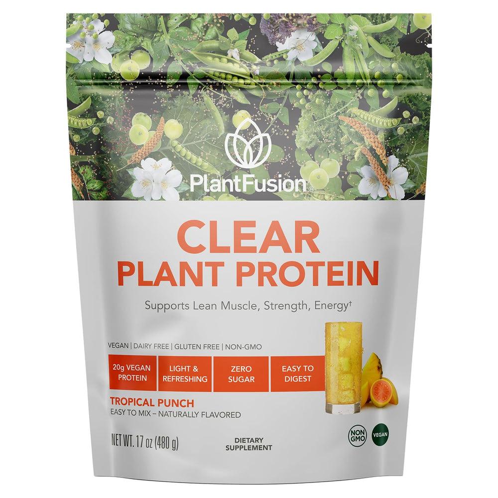 PlantFusion Clear Protein front label shows vegan, non-GMO nutrition.
