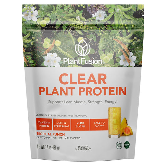PlantFusion Clear Protein front label shows vegan, non-GMO nutrition.