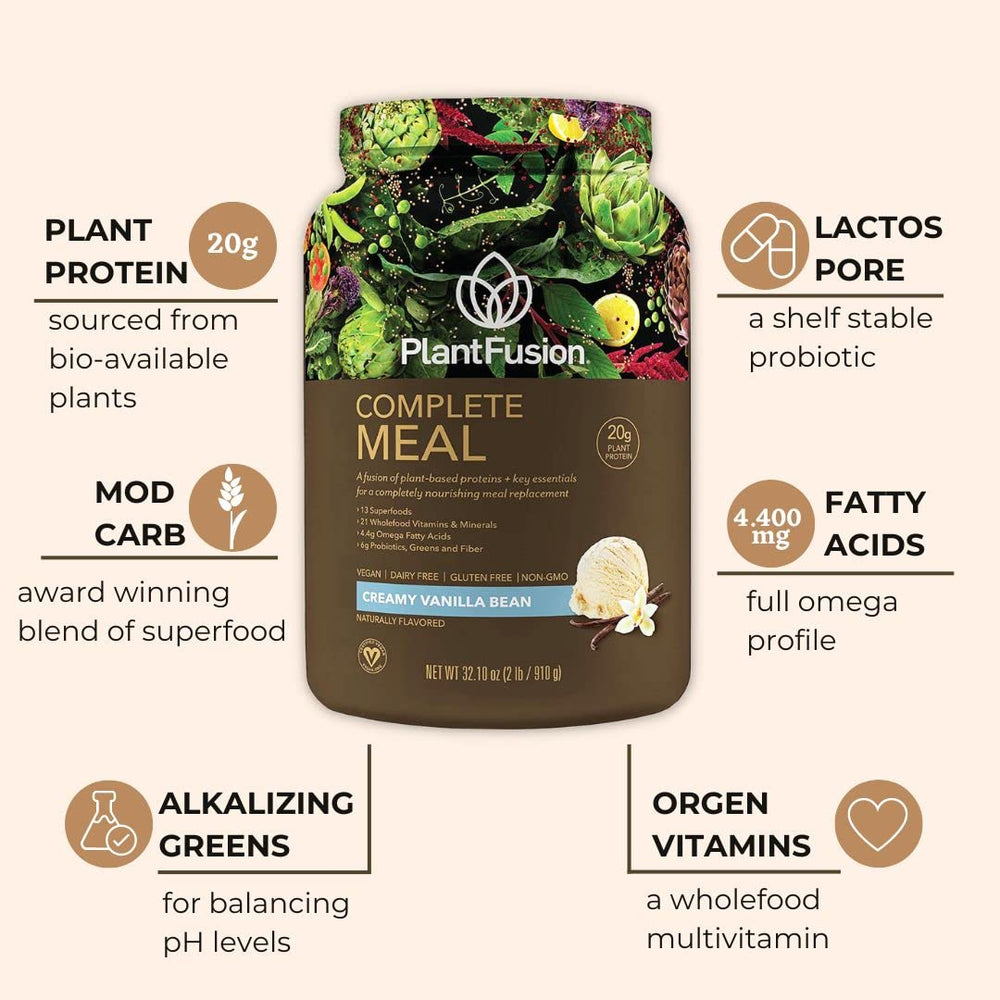 PlantFusion complete meal replacement vanilla pour showing quick-mix shake for busy mornings.
