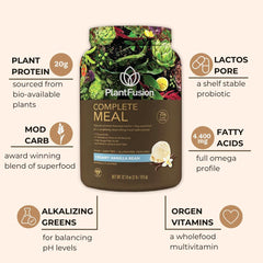 PlantFusion complete meal replacement vanilla pour showing quick-mix shake for busy mornings.