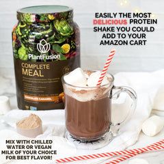 PlantFusion complete meal replacement vanilla shake glass emphasizes creamy texture and satisfaction.