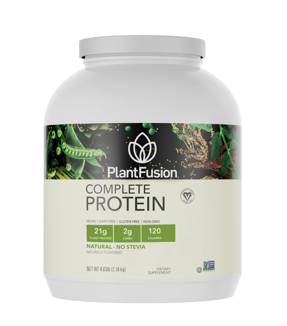 PlantFusion Complete Vegan Protein Powder tub front shows five-protein blend for shakes