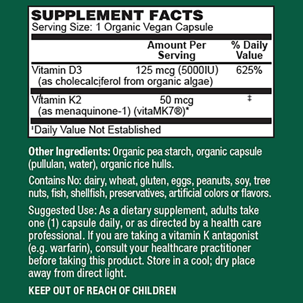 PlantFusion D3 K2 label close-up showing 5000 IU and 50 mcg amounts for bone health