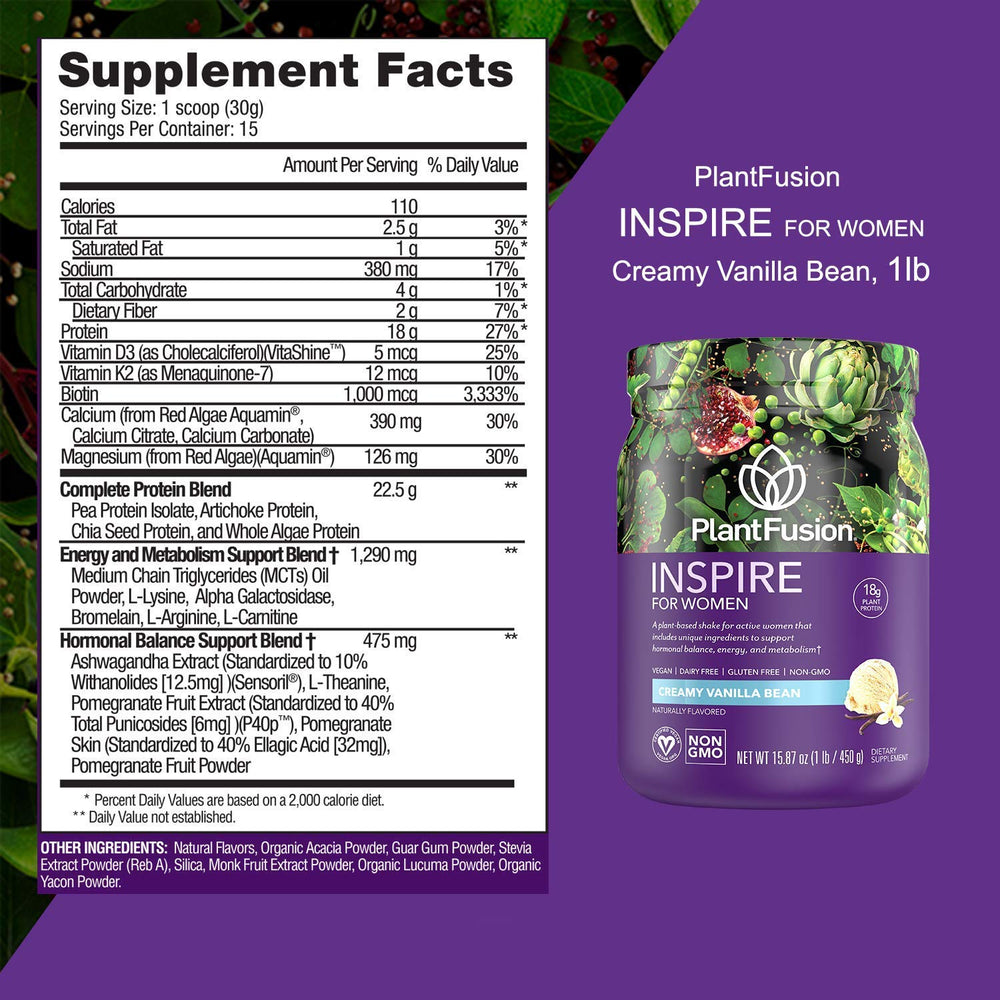 PlantFusion Inspire Women ingredients glass highlights natural plant-based proteins.