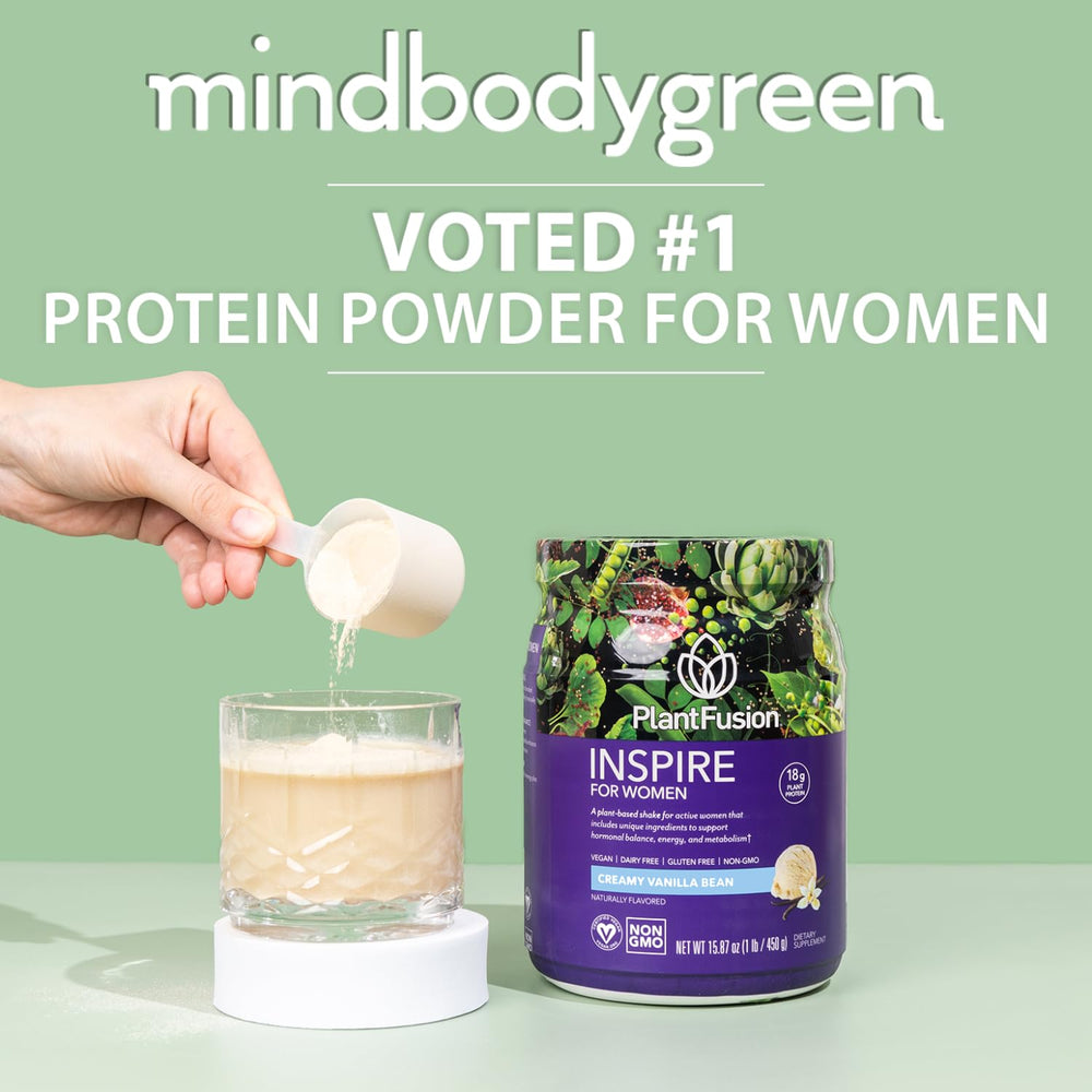 PlantFusion Inspire Women powder closeup highlighting creamy vanilla flavor.