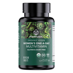 PlantFusion Organic Multivitamin for Women bottle front, a convenient daily health companion.