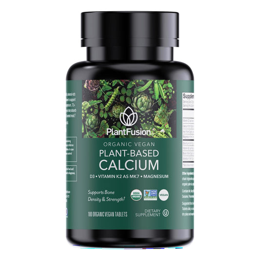 PlantFusion organic vegan calcium bottle with 180 tablets for daily bone support.