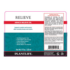 Plantlife Relieve oil ingredients image featuring Arnica and essential oils.