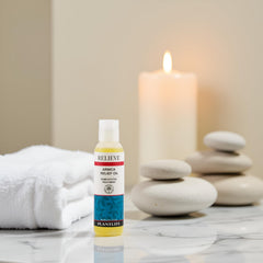 Plantlife Relieve Oil label close-up with USA-made craftsmanship and herb-inspired blend.