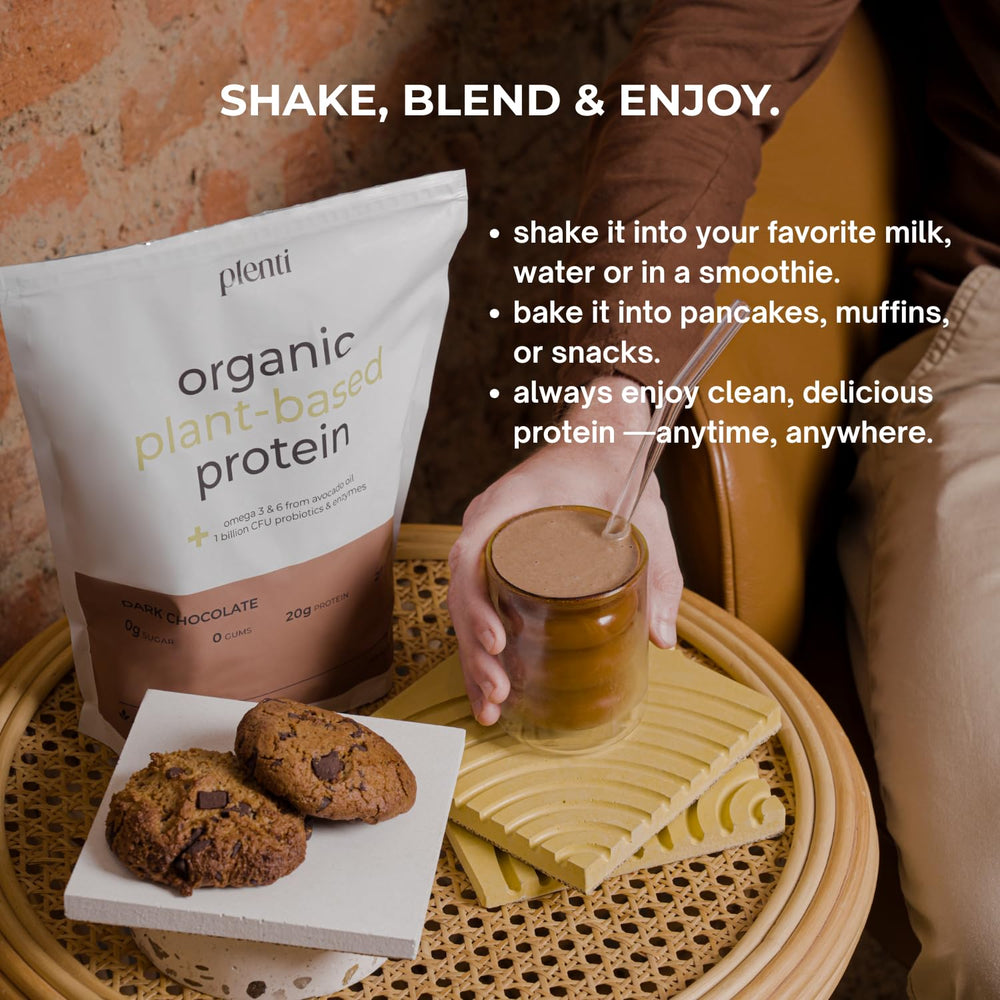 plenti dark chocolate shake in glass ready to blend