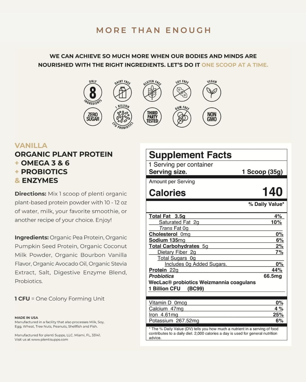 Plenti Vanilla bottle emphasizes gut-friendly formula with probiotics and enzymes.