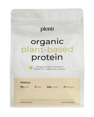 Plenti Vanilla protein powder bottle shows clean, sugar-free ingredients for daily shakes.