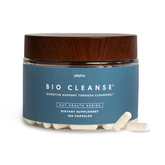 Plexus Bio Cleanse bottle front view highlighting daily gut support and ease of use.