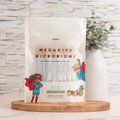 Plexus MegaKids Microbiome bottle highlights algae-derived DHA for growing brains.