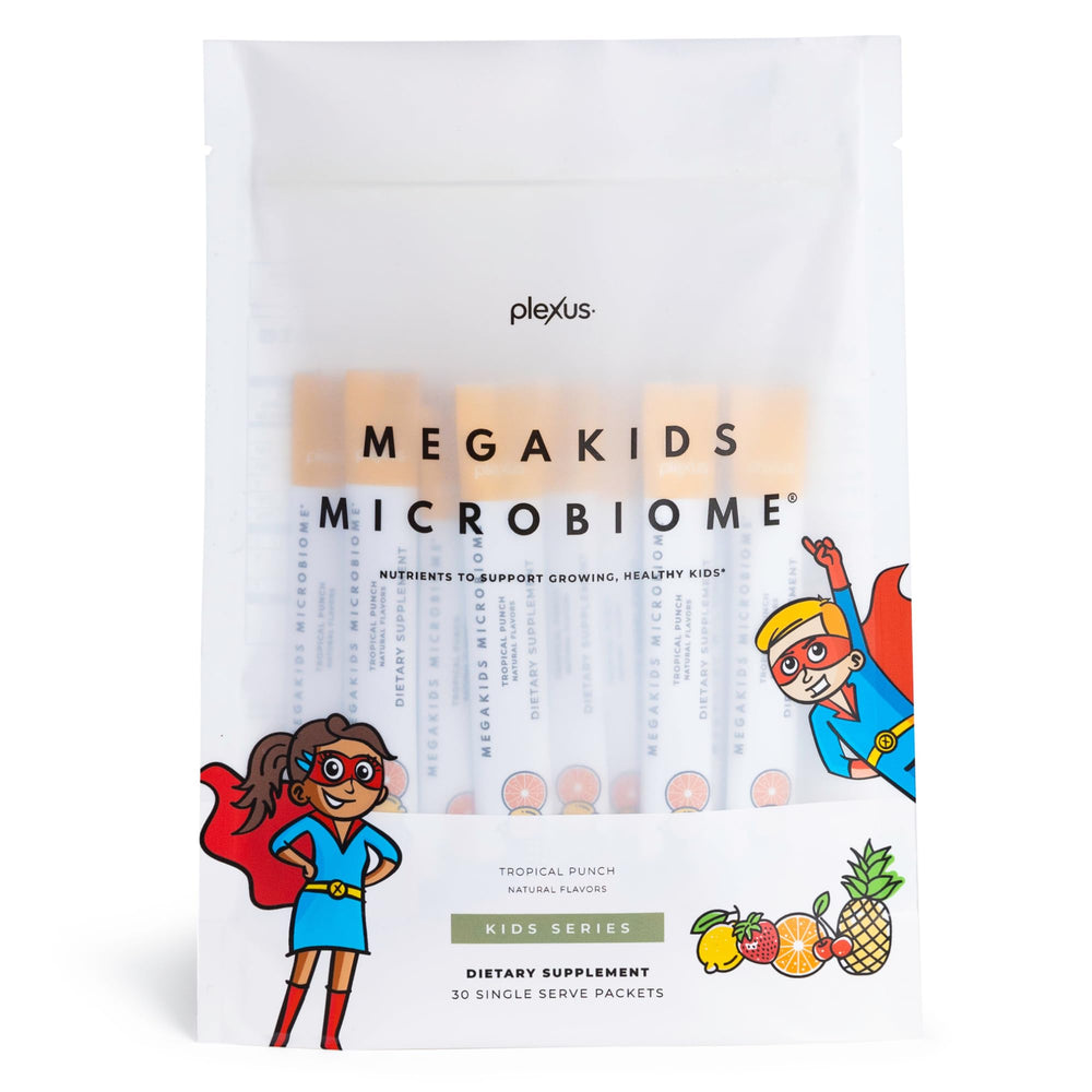 Plexus MegaKids Microbiome stick dissolving in water to create a kid friendly drink.