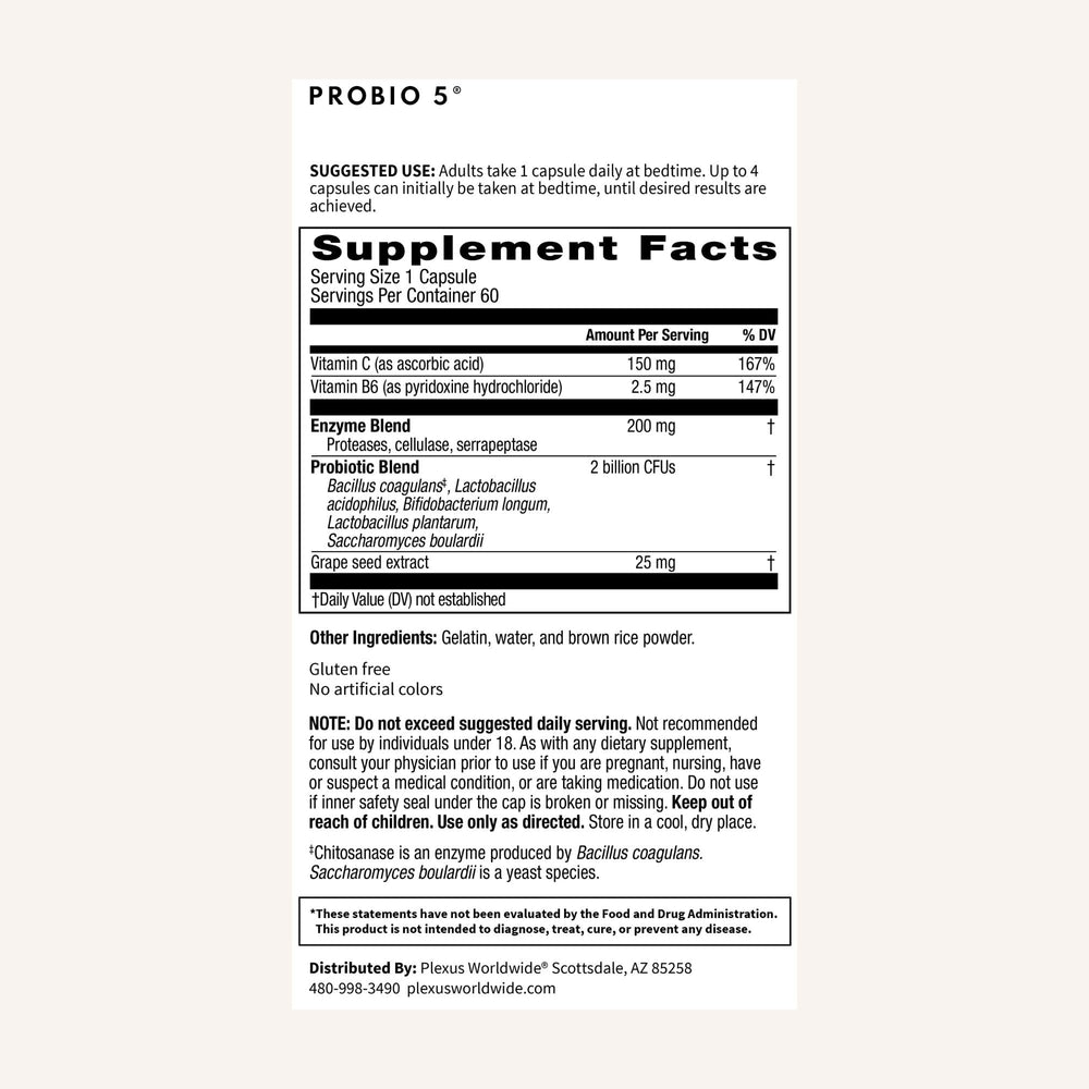 Ingredients panel shows five probiotic strains in Plexus ProBio 5