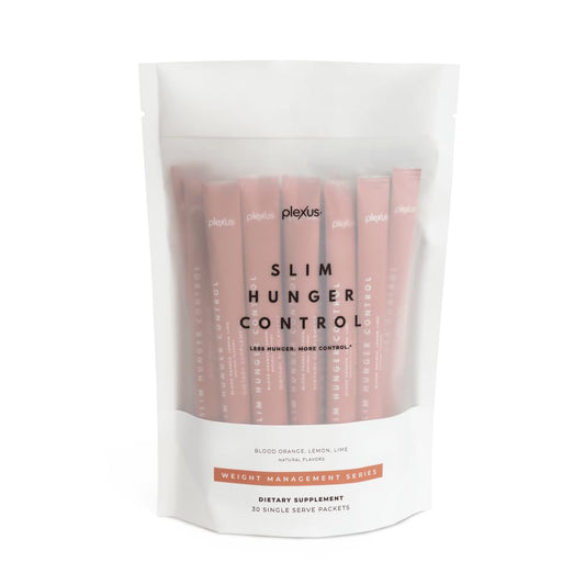 Plexus Slim Hunger Control packets on a kitchen counter for convenient daily use to curb cravings.