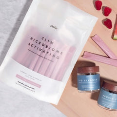 Plexus Slim Microbiome Activating packets close-up emphasizing sugar-free flavor options.