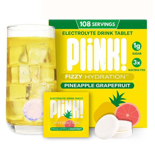 Plink fizzy electrolyte tablets tub front view for convenient daily hydration.