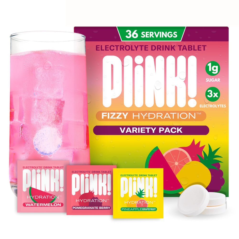 Plink Fruity Variety Pack tablet closeup showing fizzy hydration action.