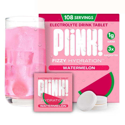 Plink watermelon electrolyte tablets dissolve quickly in water for easy hydration.