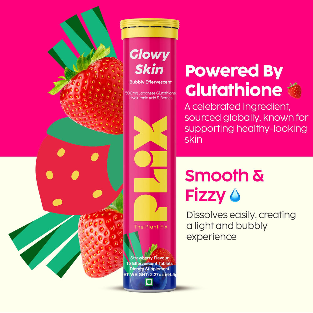 PLIX Glowy Skin packaging showing 60 effervescent tablets.