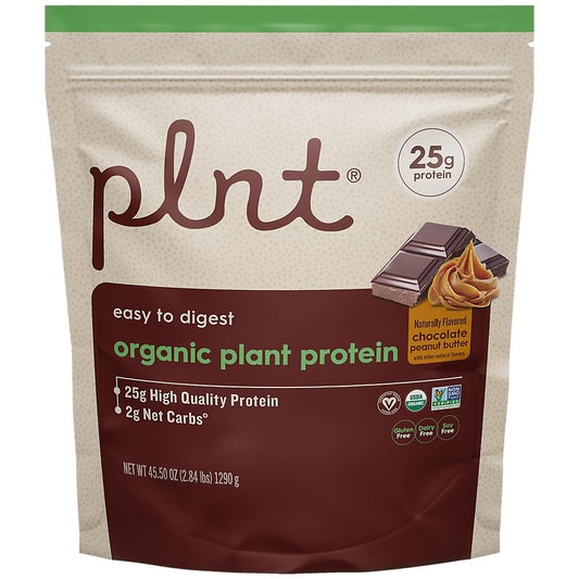 plnt Organic Plant Protein Powder Chocolate Peanut Butter tub highlights organic protein for daily use