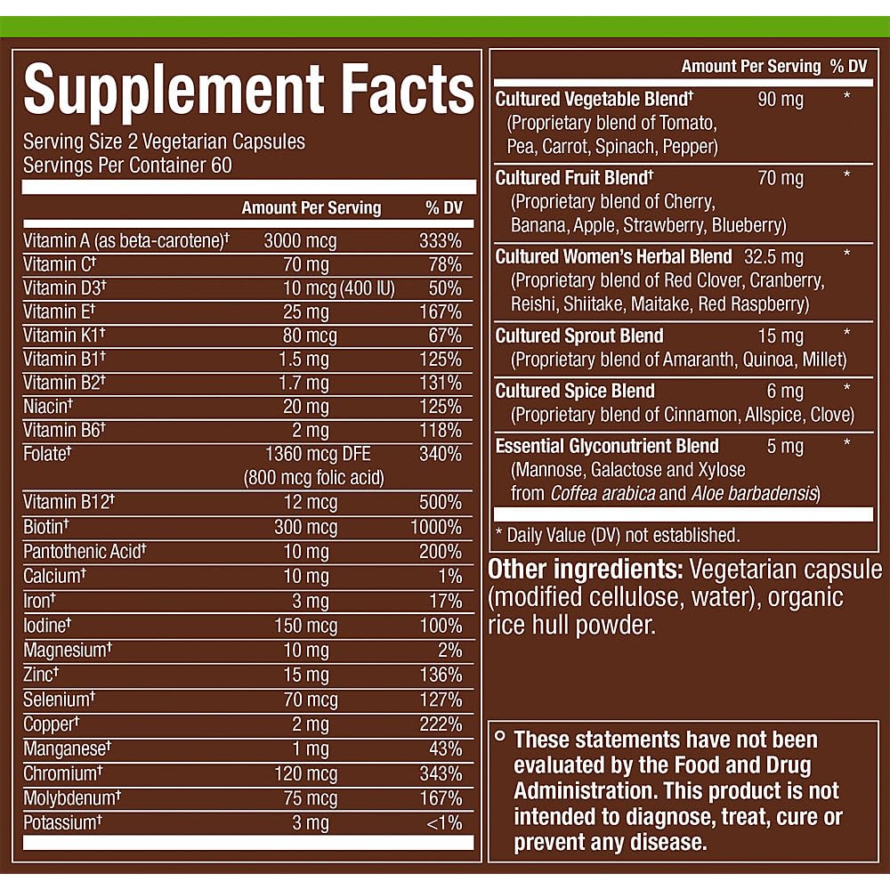 Label view of plnt WomenatMs multivitamin emphasizing non-GMO plant ingredients