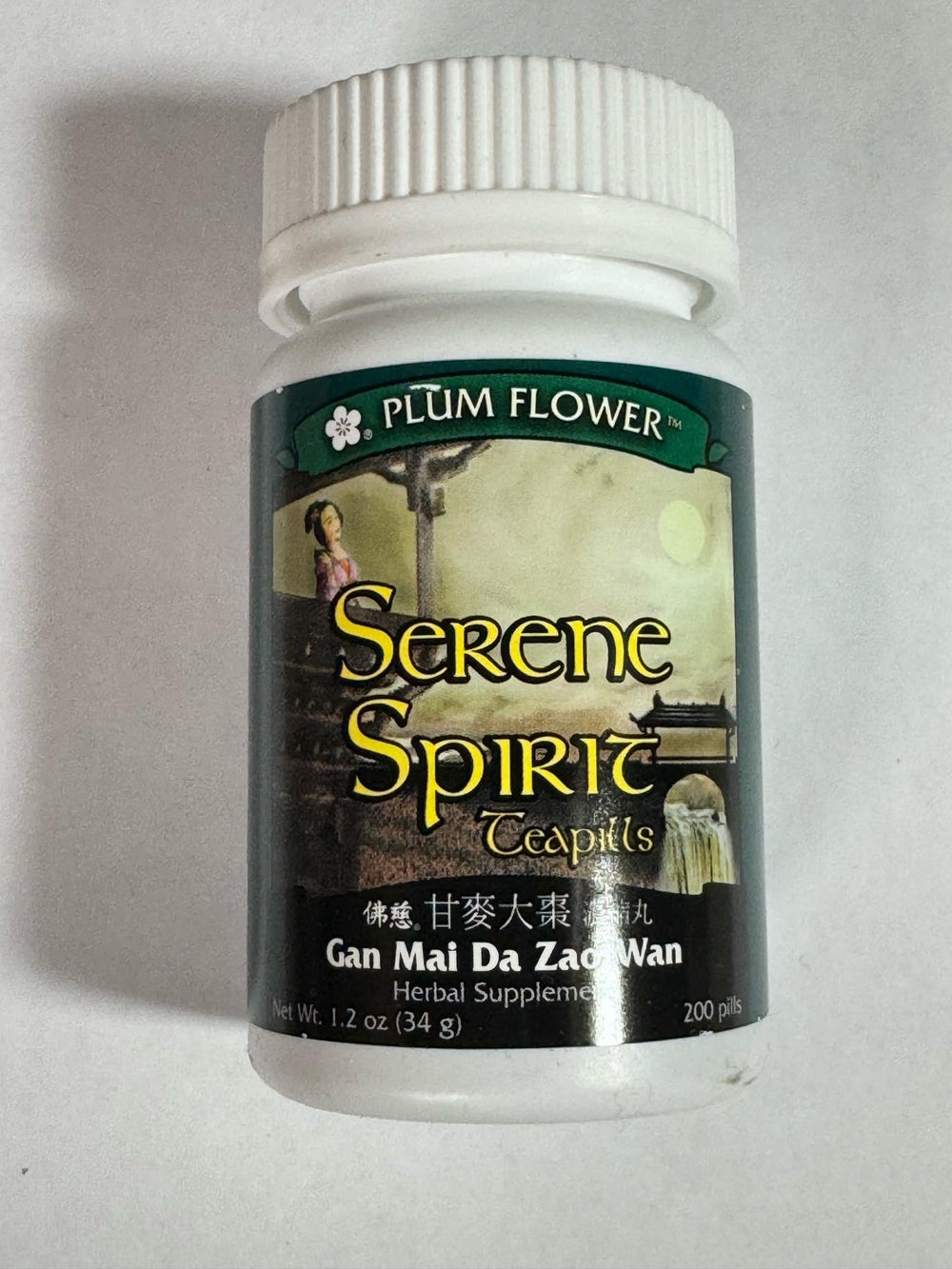 Plum Flower Serene Spirit Teapills bottle-front view, suggesting daily calm and balance