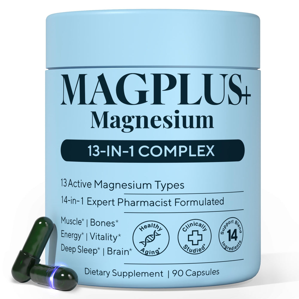Plus+Ultra MAGPLUS+ 13in1 bottle packaging for daily magnesium support.