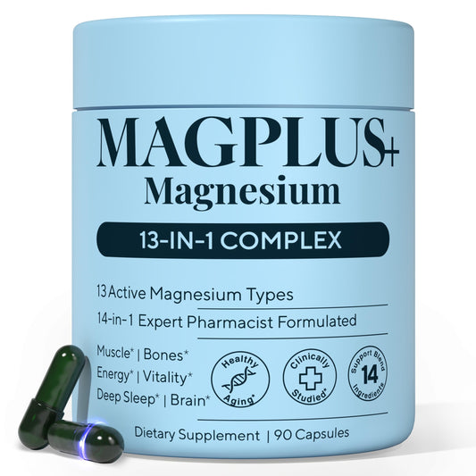 Plus+Ultra MAGPLUS+ 13in1 bottle packaging for daily magnesium support.