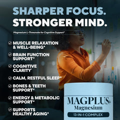 Plus+Ultra MAGPLUS+ ingredients label showing 13 magnesium forms for balanced support.