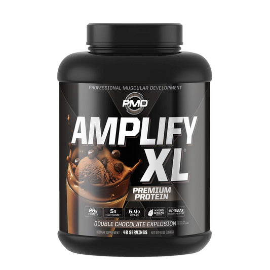 PMD Amplify XL bottle front shows premium whey blend for post workout recovery.