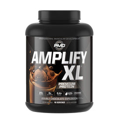 PMD Amplify XL bottle front shows premium whey blend for post workout recovery.