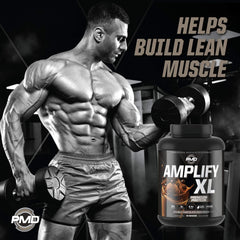 PMD Amplify XL ingredients panel highlights hydro greens and amino matrix.