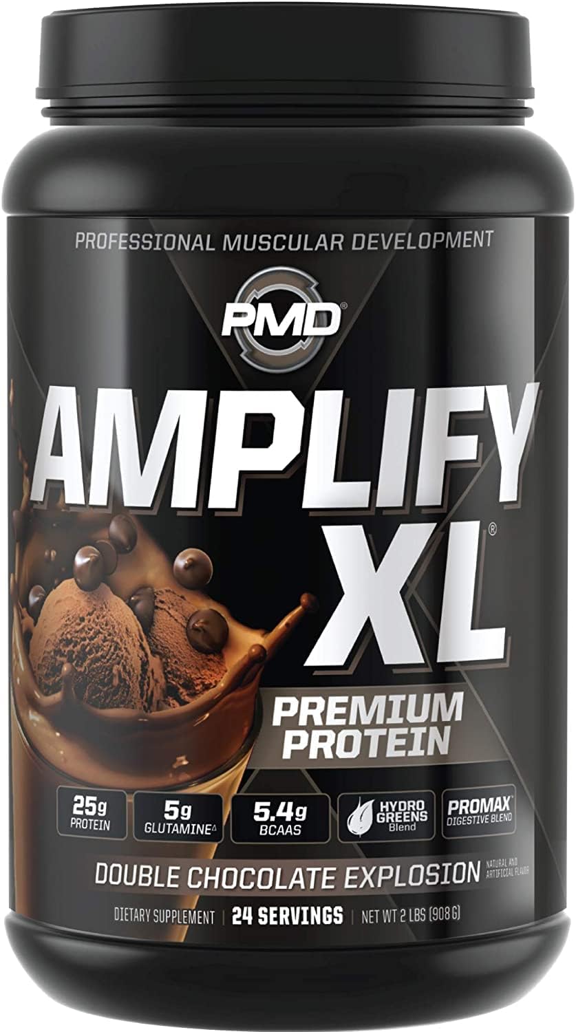 PMD Amplify XL tub front, premium whey blend for post-workout fueling.