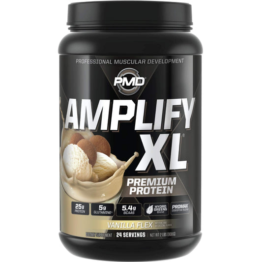 PMD Amplify XL Vanilla Flex bottle on table highlighting premium protein blend.