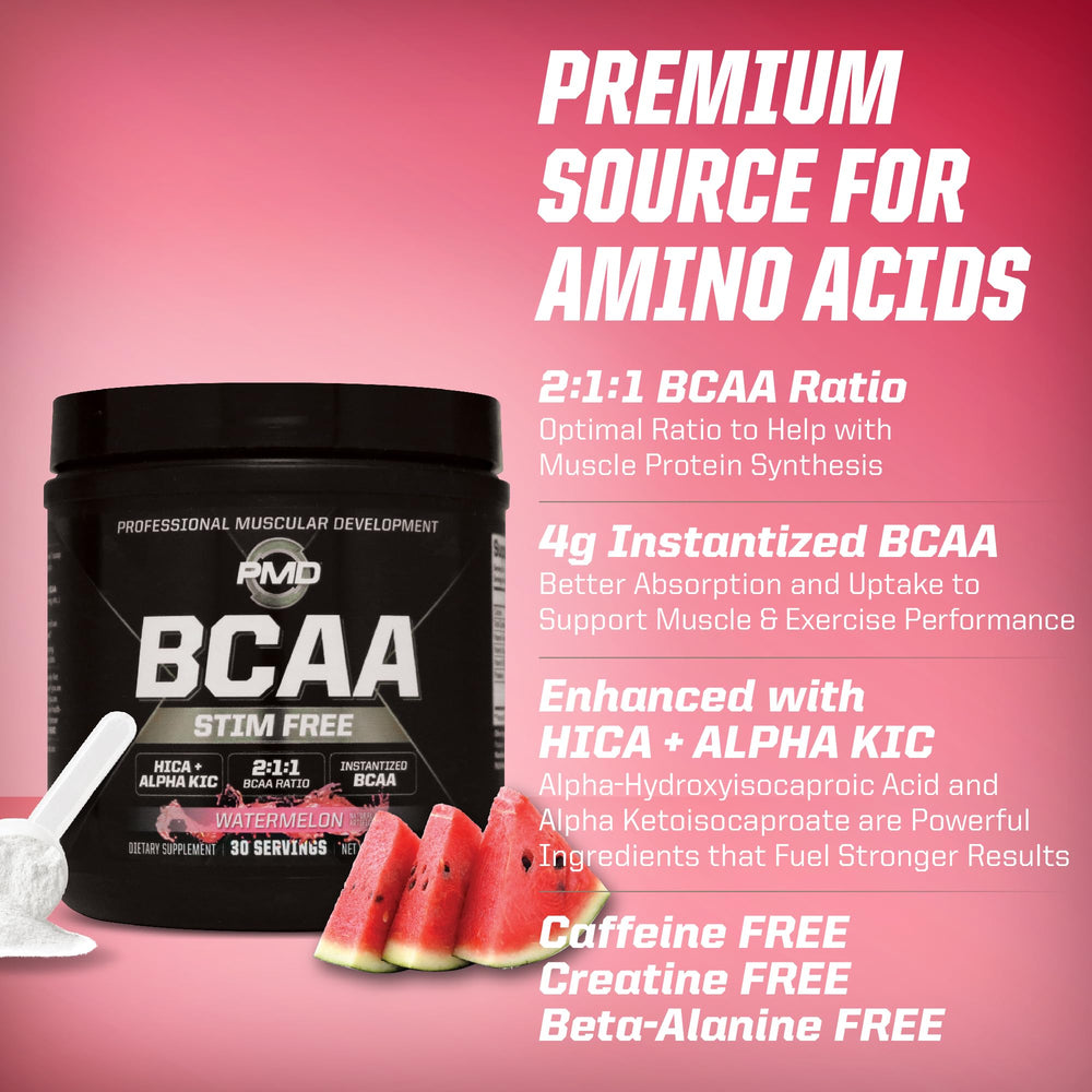 PMD BCAA Stim-Free bottle on workout station suggests easy daily use.